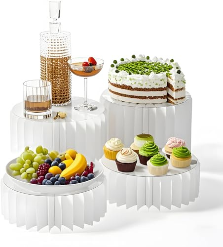 YFNVH 4 Pcs Buffet Risers White Food Cylinder Stands for Buffet Table Dessert Display Riser Foldable Cardboard Columns for Party Birthday Wedding Baby Shower Decor