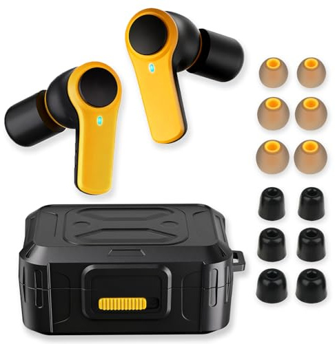 ToolFun Auricolari Bluetooth 6.0 da cantiere, 70 ore di riproduzione, impermeabilità IP56, cancellazione del rumore SNR 30 dB, ENC, resistenti, per lavori all'aperto, costruzione con 12 tappi per le