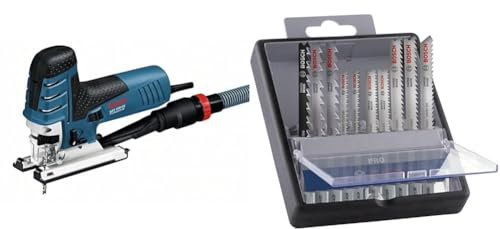 Bosch Professional Stichsäge GST 150 CE (Schnitttiefe Holz max: 150mm, inkl. Handwerkoffer) + 10x PRO Hardwood and Laminate Stichsägeblatt-Set (für Hartholz, Parkett, Länge 83 mm, Zubehör)