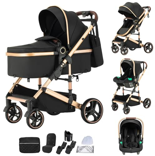Shineey Kinderwagen 3 in 1,Faltbarer Puppenwagen Set,Reisesysteme kinderwagen Kinderkarre komplettset Neugeborener One-touch Folding + Car Seat Rahmen Aluminiumlegierung (H9/BLACK, H9)