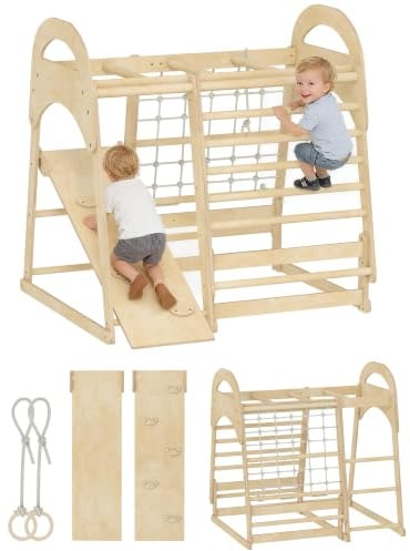 AIYAPLAY 6-in-1 Montessori Klettergerüst Indoor für 3-6 Jahre, Naturholz | Indoor Spielplatz, Mit Rutsche, Kletterstangen, Turnringen, Leiter, Kletternetz, Kletterturm Indoor
