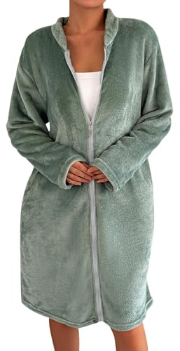 Vhersily 2026 Robe de chambre d'hiver pour femme avec fermeture éclair, chaude en peluche avec poches, confortable linge de nuit à manches longues peignoirs de salon légers mode chaud doux sexy