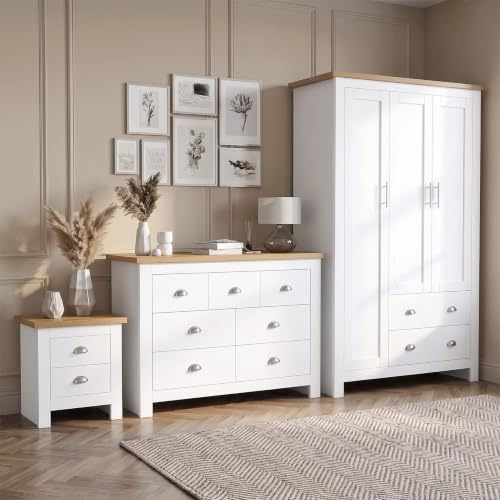 Blisswood 3 Piece Bedroom Furniture Set, 3 Door Wardrobe, 4+3 Drawer Chest of Drawers & 2 Drawer Bedside Table, Modern Shaker Style Bedroom Wardrobe Set with Oak Top, White Bedroom Storage Furniture