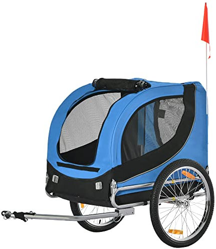 PawHut Remolque Bicicleta Perros Mascota 1 Bandera 8 Reflectores Remolque Bici 130x73x90 cm Azul Negro
