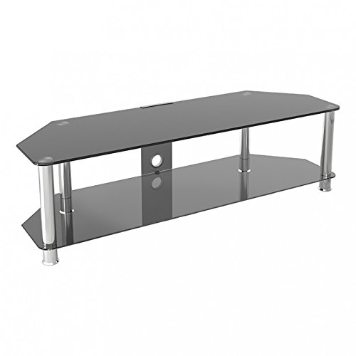 MAHARA Glass Corner TV Stand – Universal Black Glass TV Unit 140cm wide with Glass Shelf and Cable Management – TV Floor Stand Suitable for up to 65” TVs and Max Weight 60kg