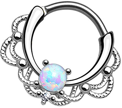 Piersando Piercing Scharnier Clicker Ring Schild Tribal mit Doppel Opal Stein Vintage Septum für Tragus Helix Ohr Nase Lippe Brust Intim Silber Weiß