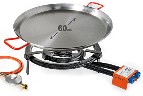Paellabrenner Set: 40 cm Ringbrenner 17,5 kw + 60 cm Stahl-Paellapfanne + Gasschlauch/Druckminderer (Gaskocher, Campingkocher, Räucherofen Gasbrenner, Hockerkocher, Lanzenbrenner Paella Gas Kocher)
