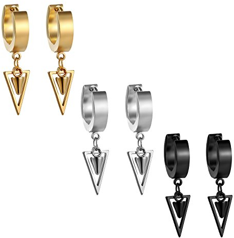 JewelryWe Schmuck 3 Paar Damen Herren Creolen Ohrringe Edelstahl Geometrisches Dreieck Huggie Kreolen Ohrstecker Ohrhänger, Silber Gold Schwarz