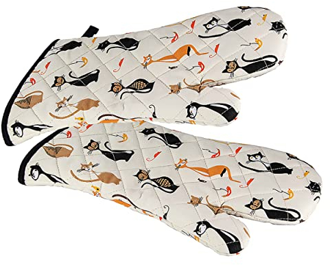 SPOTTED DOG GIFT COMPANY Gants de Four Anti Chaleur au Mignon Noir Chat Imprimé, 100% Coton Maniques Cuisine avec Boucle Suspendue, Idées Cadeau pour Les Amoureux des Chats, 1 Paire 35x17cm