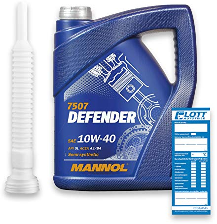 MANNOL Defender Motoröl 10W-40 5 Liter - teilsynthetisch 10W-40 API SL/CF ACEA A3/B4 MB 229.1 501.00/505.00 + Auslaufschlauch