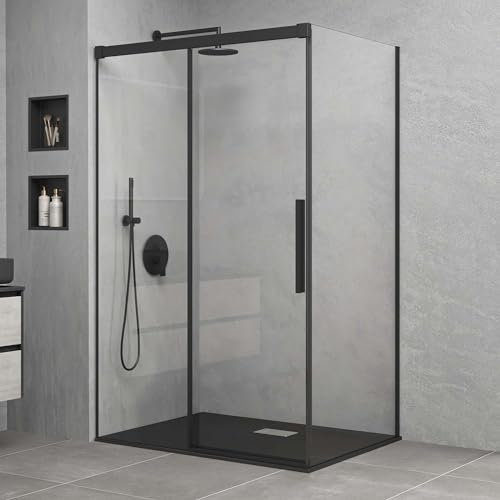 Mai & Mai Box Doccia 80x100cm con Piatto Doccia, Cabina Doccia Rettangolare con Meccanismo di Chiusura Soft Close con Porta Scorrevole Cabina Bagno in Cristallo Trasparente Ravenna12K, Nero