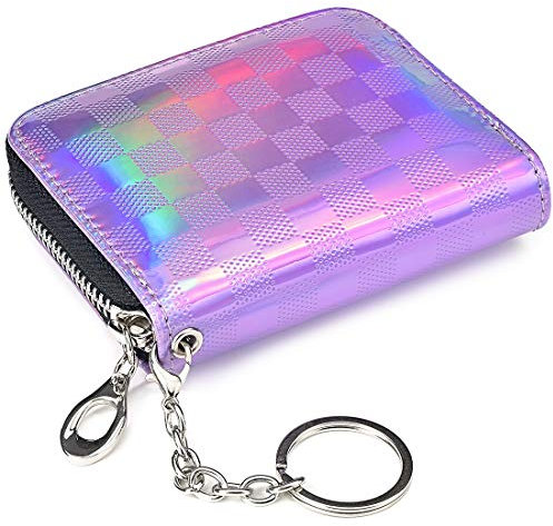 Credit Card Holder RFID Blocking, Mini Wallet Compact Size with Elastic Coin Pocket, ID Window, Leather Card Cases with Zipper for Women Men, Key Chain(Glitter Powdery Violet)
