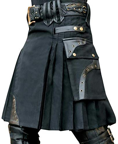 Herren Mode Schottischer Kilt - Traditioneller Männer Rock - Klassischer Retro Utility Mittelalterliche Schottland Faltenrock L Schwarz (Ohne Gü