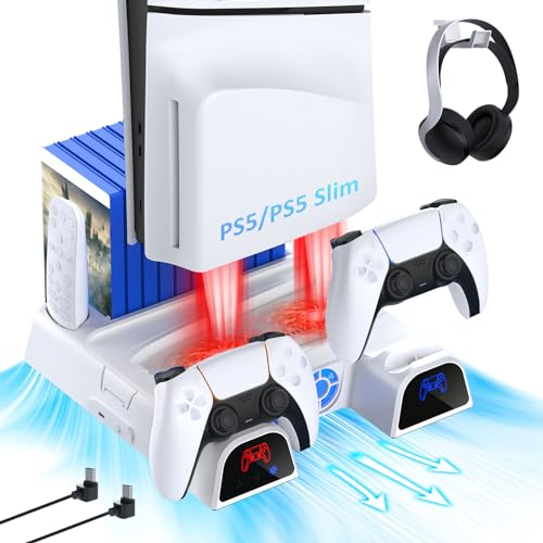 NexiGo Soporte Vertical Mejorado con Soporte para Auriculares para PS5 Disc y Digitales, Adaptador de AC, Cargador de Controladores Duales