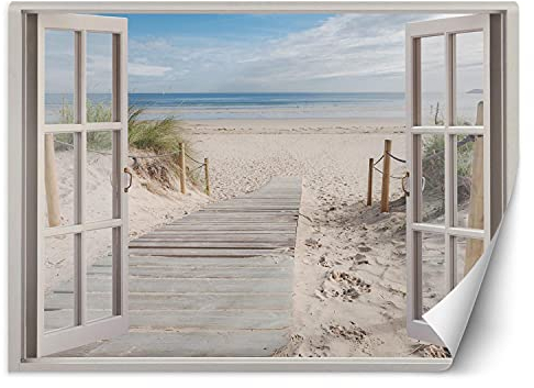Feeby Papier Peint Intisse Plage De Sable Footbridge 140x100 cm beige Moderne Panoramique XXL Photo Mural Muraux Chambre Bureau Salle Océan Mer Ciel