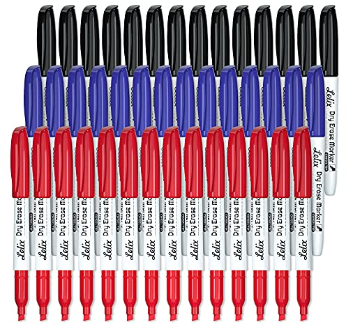 Lelix Whiteboard-Marker für Schule, Bürobedarf, perfekt für Whiteboard, Spiegel, Kalender, 42 Stück, 14 schwarz + 14 blau + 14 rot, trocken abwischbar