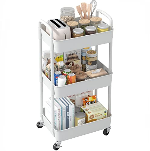 Sywhitta 3-stöckiger Küchenwagen, Allzweckwagen Rollende Lagerwagen mit Griff, Multifunktional Servierwagen Roll Regal für Büro, Wohnzimmer, Küche, Weiß