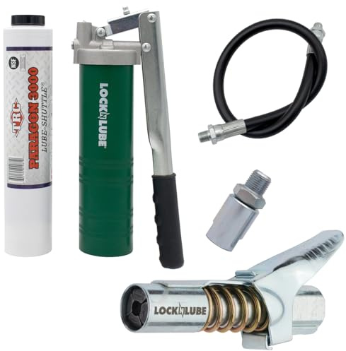LockNLube Spin-On Lever Grease Gun Kit. Includes: 1 Tube Grease, The Grease Coupler Plus a Heavy-Duty 20 Grease Hose and in-line Hose Swivel