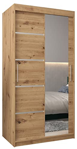 MEBLE KRYSPOL Kleiderschrank mit Spiegel Verona 2 - Garderobenschrank - Schrank Schlafzimmer - Mehrzweckschrank Zwei Schiebetüren - Regalen - Flur Möbel - Kleiderstange Schrank - Allzweckschrank