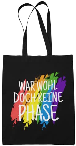 PlimPlom LGBTQ Tasche Schwarz - Gay Pride Einkaufstasche - War Wohl Doch Keine Phase - Regenbogen Stoffbeutel Aus Baumwolle - Jutebeutel - Geburtstagsgeschenk - Stofftasche Lange Henkel
