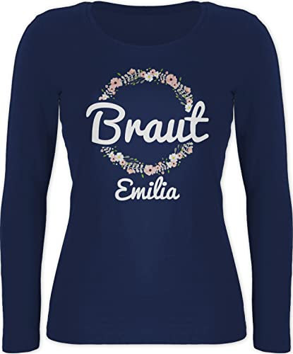 Langarmshirt Damen personalisiert Namen - JGA Junggesellenabschied Frauen - Braut mit Blumenkranz Weiss - XL - Marineblau - Shirt Langarm junggesellinnenabschied Bride tailliertes