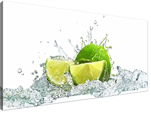 Estika Leinwand bilder - Limette in Wassertropfen - 115x55 cm, 1 teilige kunstdruck - Wandbilder wohnzimmer, schlafzimmer, Moderne wanddeko, Bild auf leinwand - Küche, Restaurant bilder - 1160A_1AE