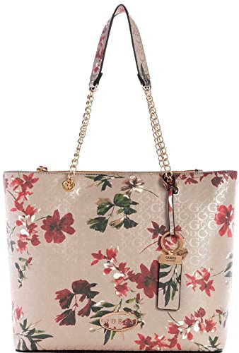 GUESS Factory Damen Aubrianna Logo Geprägte Blumendruck Kette Griff Tote Bag Handtasche - Rose Dust, Pink, Medium