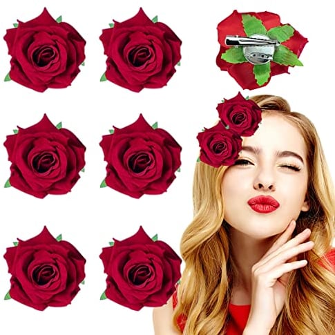 6 PCS Red Rose Flower Hair Clip,Rose Flower Hair Accessories Brooches Wedding Hair Clip Flamenco Dancer for Women Girls