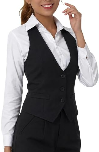 Caziffer Damen Geknöpfte Anzugweste Einfarbig V-Ausschnitt Elegant Retro Slim Fit Business Weste Weste