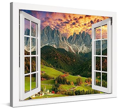 PICANOVA – Stampa su Tela 80x60cm Tramonto Valle della Montagna Finestra – Quadro su Tela Moderno Incorniciato con Spessore di 2cm – Arte della Parete – Foto Decorazione Come Dipinto per Soggiorno