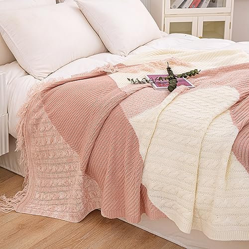 EVENHUG Throw Blanket with Pom Fringes Modern Farmhouse Home Decor Soft Lightweight Cable Knit Throw Blanket for Couch Sofa Bed Nursery Travel (Pink 60x80)