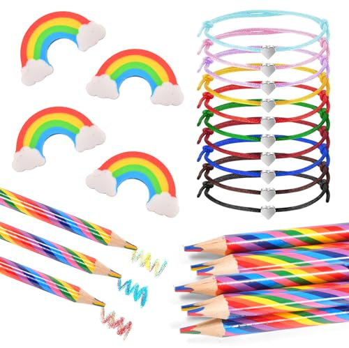 30 Stück Regenbogen Schreibwaren Set,10 Regenbogen Buntstifte +10 Regenbogen Radiergummis + 10 Herz Freundschaftsarmband,Regenbogen Deko Kindergeburtstag,für Schulen,Skizzenräume,Eröffnungssaison