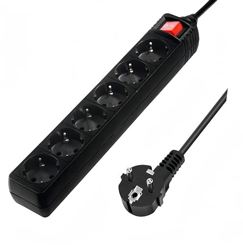 Regleta alargador de enchufes, base multiples de 3, 4, 5, 6 enchufes tipo Schucko con interruptor, 16a/250v 3680w, cable 3g1.5m㎡ lontitud 1,5m, 3m o 5m, uso interior, color negro (1,5m, 6 tomas)