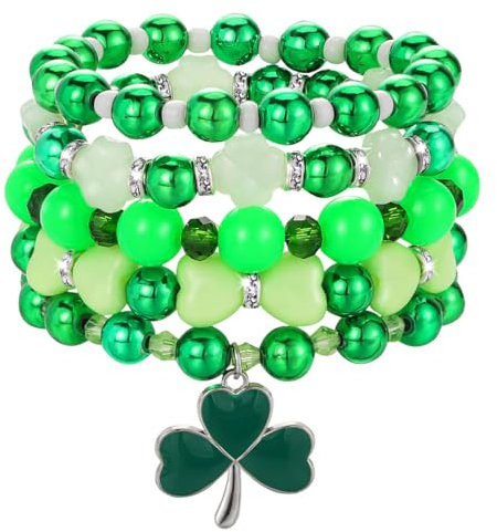 Emibele St. Patrick Bead Bracelet Set 5 Stück, Klee Beaded Charm Armband, Verstellbare Stretch Armband Stack Schmuck Geschenk für Frauen Saint Patrick Day Thema Party Urlaub, grün