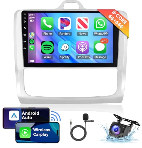 8 Core 4G+64G Wireless Carplay Android 13 Autoradio per Ford Focus Mk2 Mk3 Exi MT 2 3 2004-2011 9 Pollici Autoradio con Android Auto GPS Navi WiFi Mirror Link Bluetooth FM/RDS/EQ Telecamera Posteriore