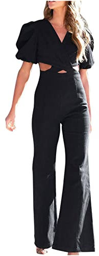 Jumpsuits for Women UK Elegant Denim Integrated Wide Leg Pants Sexy Flared Jeans Sleeveless Solid Color Deep V Neck Playsuits Dungarees Spring Summer Loose Fit Overalls Romper for Travel Holiday