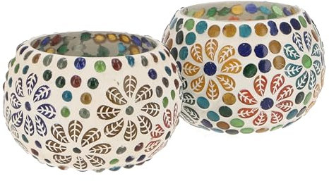 GURU SHOP 2 Handgearbeitete Glas Mosaik Windlichter, Romantisches Windlicht, Mosaik Teelicht, Vintage Teelichthalter - Set 3, 6x9x9 cm