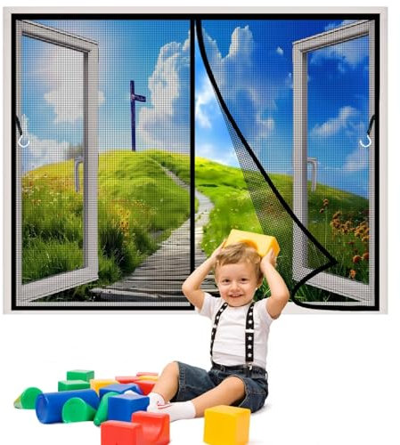 Insektenschutz Fenster Vorhang, 75x50cm mit eingenähten Gewichten und selbstklebenden Klemmleiste Fliegenvorhang für BalkonFenster SchiebeFenster, Schwarz 1995-Größe