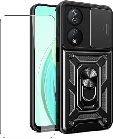 SDTEK Case for Honor 90 Smart Phone Cover with Camera Lens Protection, Stand, Magnetic Ring Holder and Glass Screen Protector (Black)