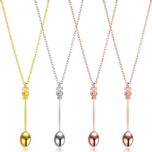 Prasacco 4 Pieces Mini Crown Spoon Pendant Necklace Teaspoon Keyring Necklace Key Ring Crown Teaspoon Mini Spoon Craft Jewelry Gift Keychain for Filling Vials with Salts, Sand