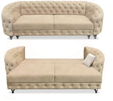 SILKMARKS® Chesterfield Sofa mit Schlaffunktion - 3-Sitzer Sofa - Premium Komfort - Wasserabweisender und kratzfester Samt - Couch mit extra Stauraum - Elegantes Design (Beige)