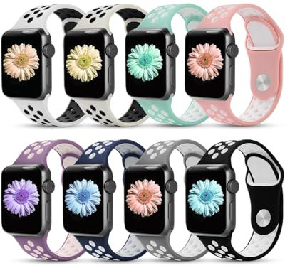 OTraki 8 Piezas Correas Compatible con Correa Apple Watch 40mm 41mm 38mm, Pulsera Suave Silicona Deportiva para iWatch Series SE 9 8 7 6 5 4 3 2 1 Hombres Mujeres, Negro Gris claro Blanco Rosa Más
