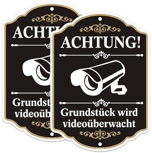 Schild Achtung Grundstück wird videoüberwacht 2 Stück，25cm x 18cm Aluminiumschild mit Videoüberwachung. für Hof, Carport und Wohnanlage, sowohl im Außen - als auch Innenbereich