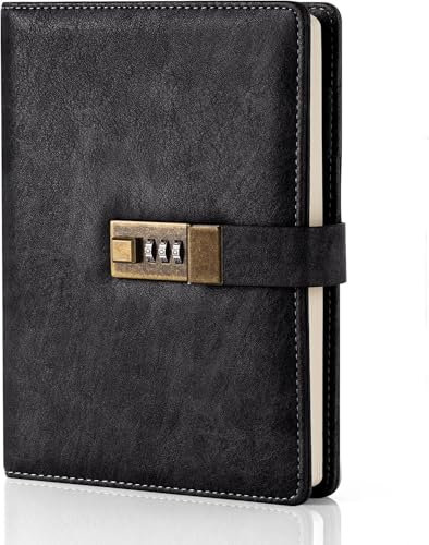 Klhamky Diary with Lock, A5 PU Leather Journal with Lock 224 Pages, Vintage Lock Journal Password Protected Notebook, Lock Diary Planner Organizer for Men and Women, 14.7cm*21.5cm