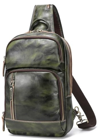 LANNSYNE Men's Green Vintage Leather Sling Bag, Fits 12.9” iPad, Utility Style, 15 Pockets, 1.0 kg, 14.2” x 4.7” x 8.6”, All Seasons