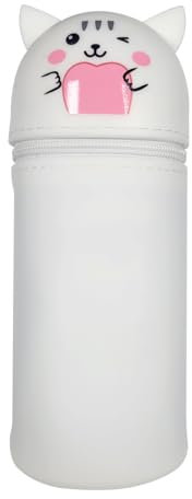 Ruayia Kawaii Federmäppchen, Weichem Silikon Federtasche, 2 in 1 Kätzchen Niedliches Federmäppchen, Mäppchen Cartoon Bleistifthalter für Mädchen Jungen Aufbewahrung Schreibwaren (Weiß