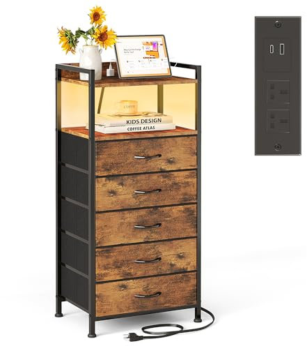 MUTUN Bedside Table with Charging Station and LED Lights, Tall Dresser Nightstand with 5 Drawers Side Table,Open Storge Shelf 2 Outlet & USB & Type-C Port for Bedroom, Living Room, Office Rustic Brown