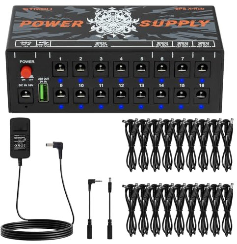 STRICH SPS X-Hub Gitarrenpedal-Netzteil für 9V/12V/18V, Effektpedale mit 100-300 mA, 16 unabhängige Ausgänge, Kurzschlussschutz und geräuschlos, 5V 1A USB-Anschluss für Mobilgeräte, Tablets