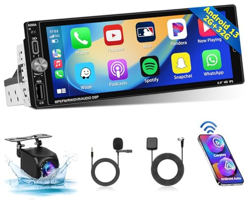 Android 13 Autoradio 1 Din mit Navi Carplay Android Auto Wireless, 2+32GB Touch Screen 6.9 Bildschrim Bluetooth Auto Radio Rückfahrkamera WiFi FM RDS SWC