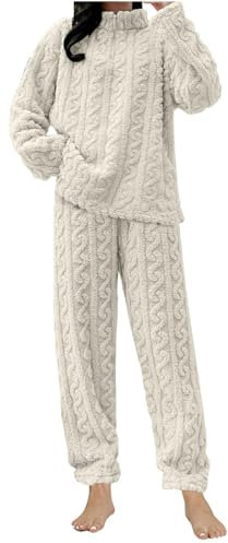Generico Pigiama Donna Invernale Pile Due Pezzi Morbido e Confortevole Tuta Pile da Casa con Tasche Felpa Manica Lunga e Pantalone Lungo Indumenti da Notte Sleepwear Sets